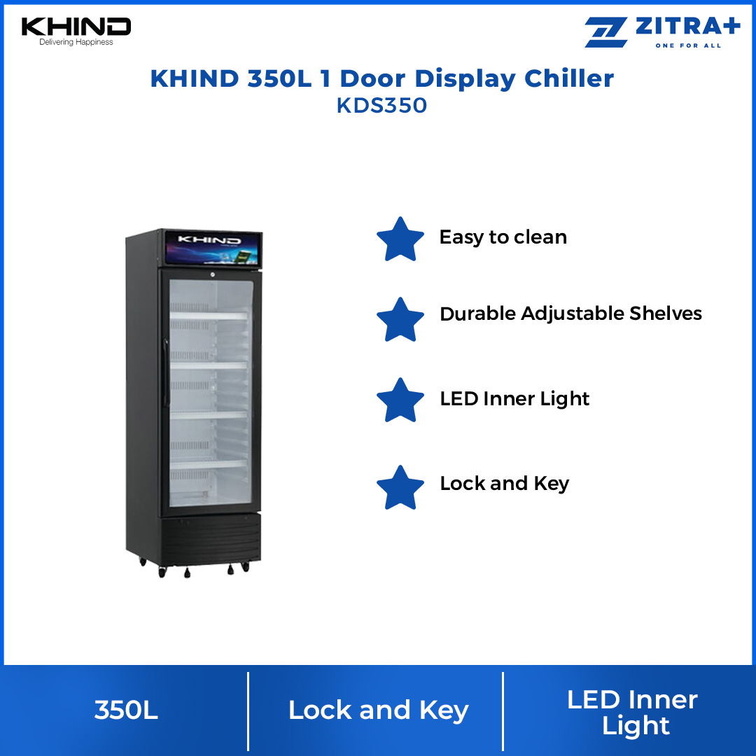 KHIND 350L 1 Door Display Chiller KDS350 | Easy To Clean | Durable Adjustables Shelves | LED Inner Light | Lock & Key | Chiller with 1 Year Warranty