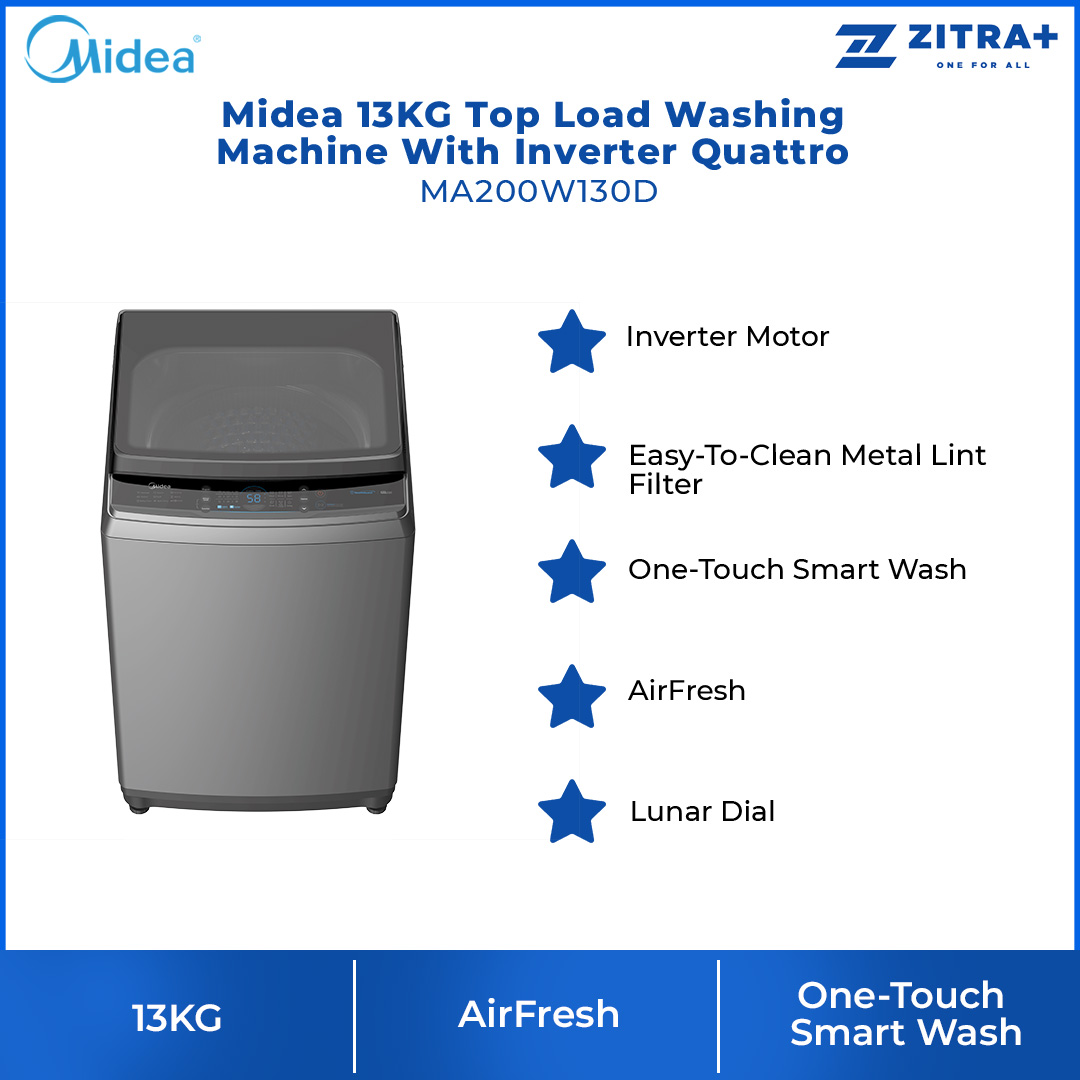 Midea 13KG Top Load Washing Machine With Inverter Quattro MA200W130D | Inverter Quattro | Easy-To-Clean Metal Lint Filter | AirFresh | Washer Dryer with  2 Years Warranty