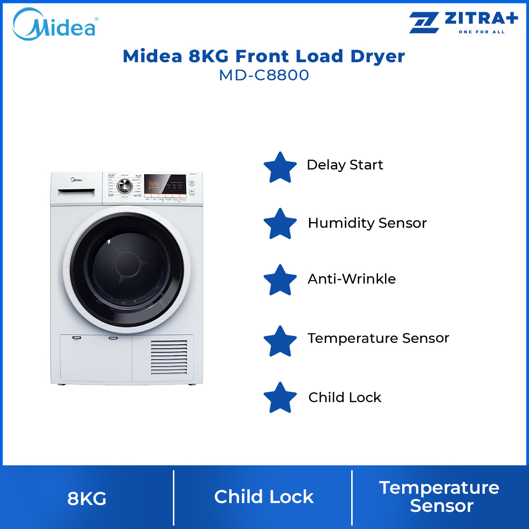 Midea 8KG Front Load Dryer  MD-C8800 | Delay Start | Humidity Sensor | Anti-Wrinkle | 2 Year Warranty
