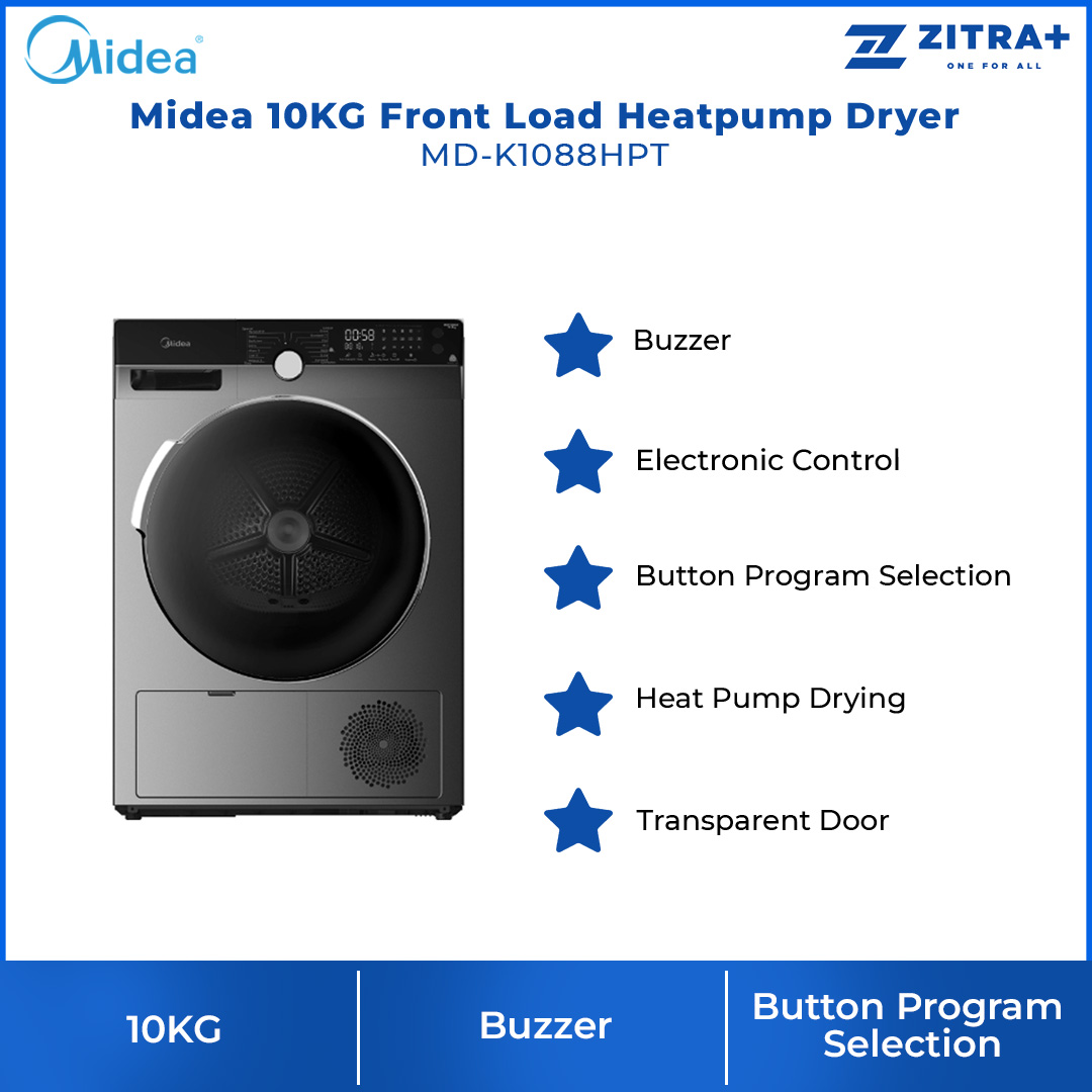 Midea 10KG Front Load Heatpump Dryer MD-K1088HPT | Buzzer | Electronic Control | Button Program Selection