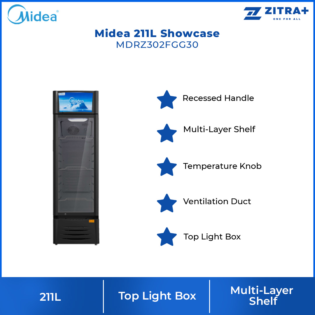 Midea 211L Showcase MDRZ302FGG30 | Recessed Handle | Multi-Layer Shelf | Temperature Knob | 1 Year Warranty