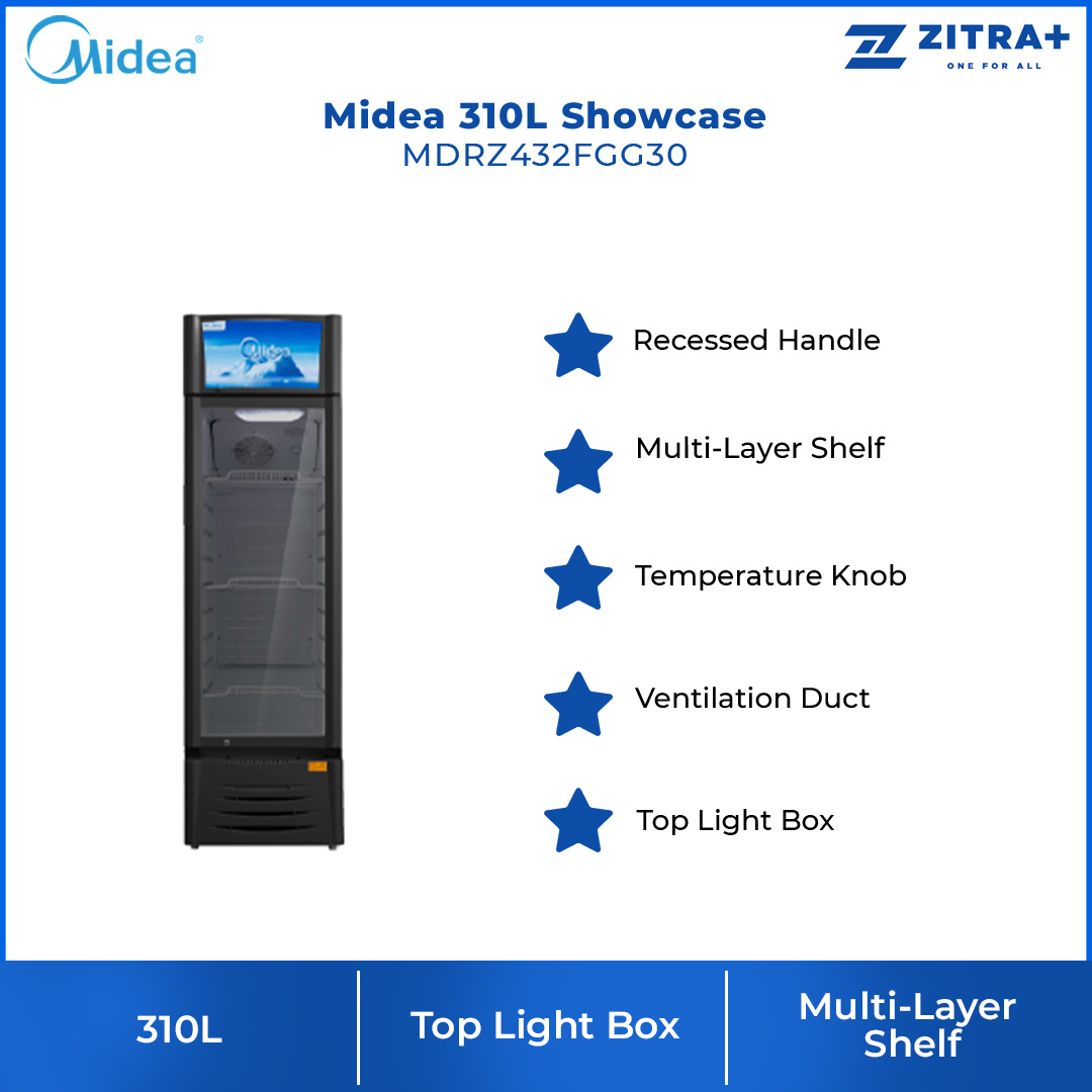 Midea 310L Showcase  MDRZ432FGG30 | Recessed Handle | Multi-Layer Shelf | Temperature Knob | 1 Year Warranty