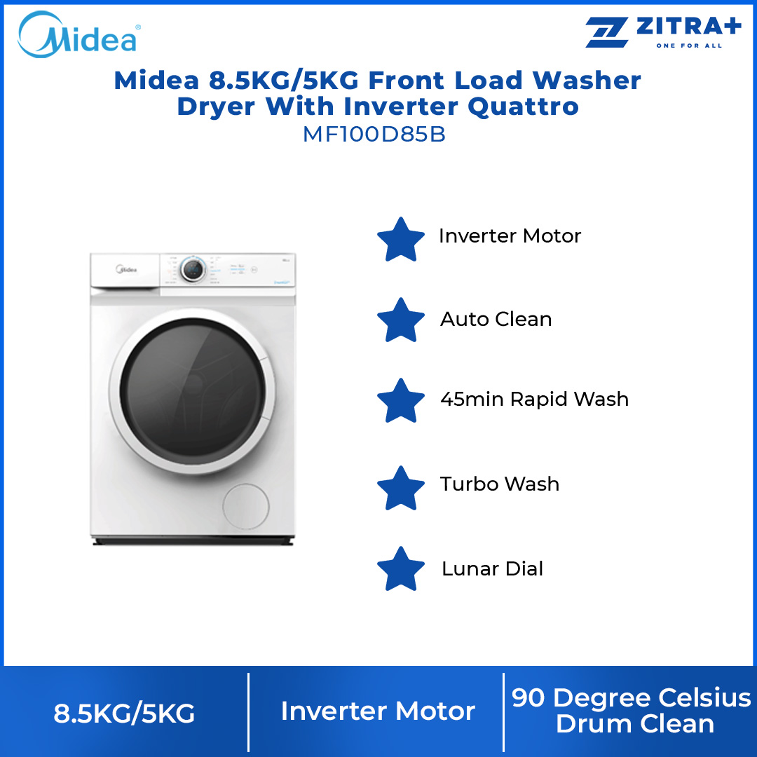 Midea 8.5KG/5KG Front Load Washer Dryer With Inverter Quattro MF100D85B | Inverter Motor | Auto Clean | 45min Rapid Wash | 2 Year Warranty