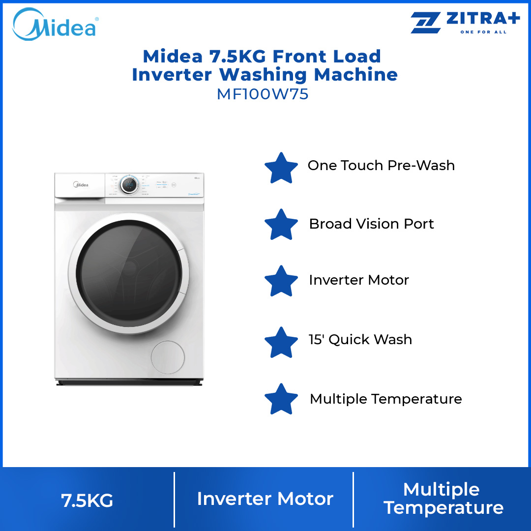 Midea 7.5KG Front Load Inverter Washing Machine MF100W75 | One Touch Pre-Wash | Broad Vision Port | Inverter Motor | 2 Years Warranty