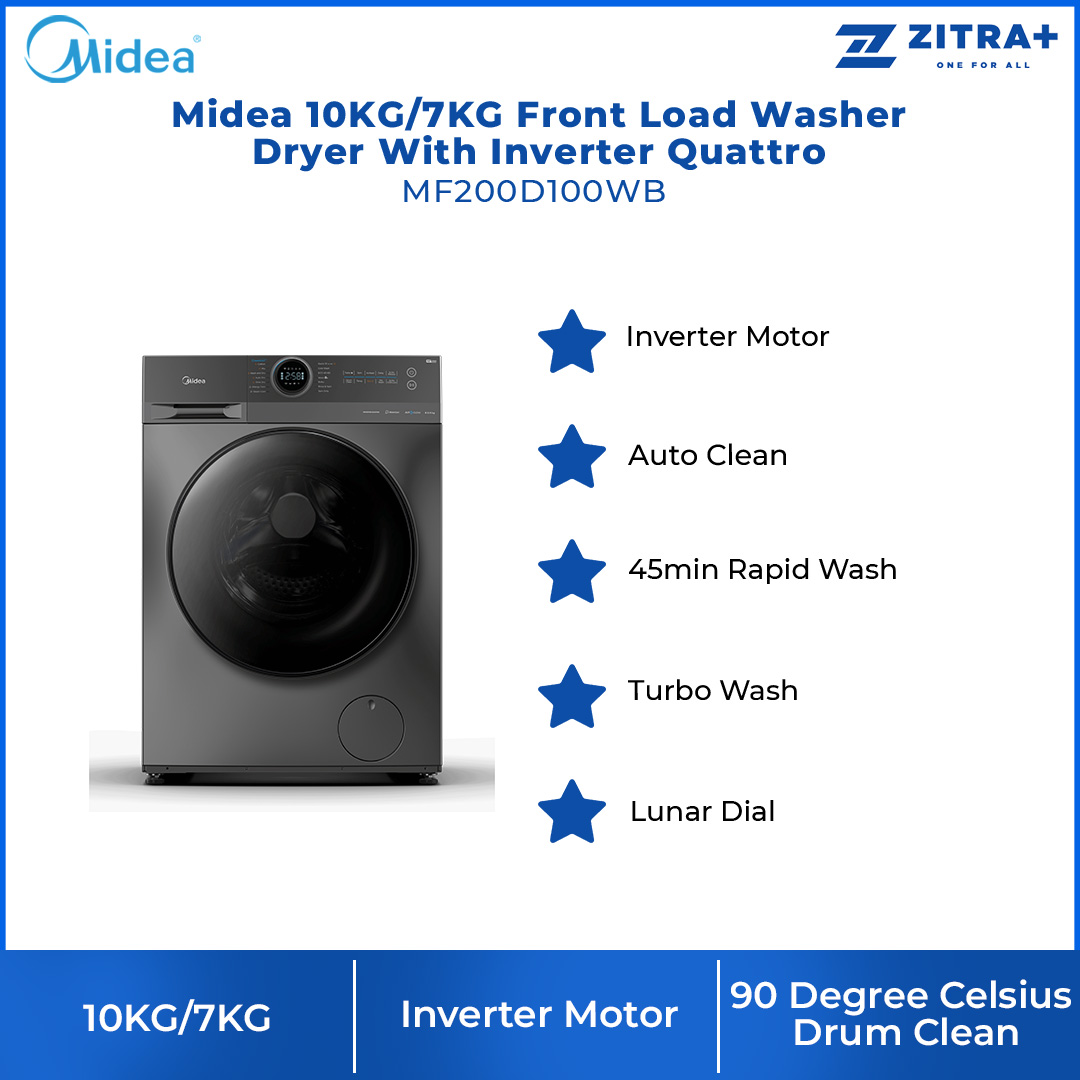 Midea 10KG/7KG Front Load Washer Dryer With Inverter Quattro MF200D100WB  | Inverter Motor | Smart Control | Auto Clean | 2 Years Warranty