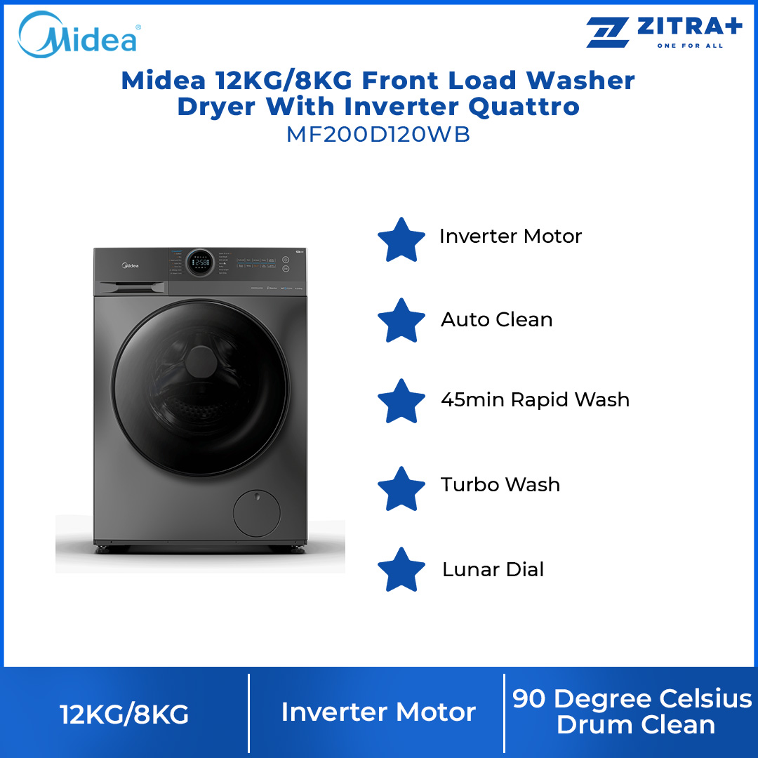 Midea 12KG/8KG Front Load Washer Dryer With Inverter Quattro  MF200D120WB | Inverter Motor | Smart Control | Auto Clean | 45min Rapid Wash | Turbo Wash | Lunar Dial | Add Garment | 90 Degree Celsius Drum Clean | Washing Machine with 2 Year Warranty