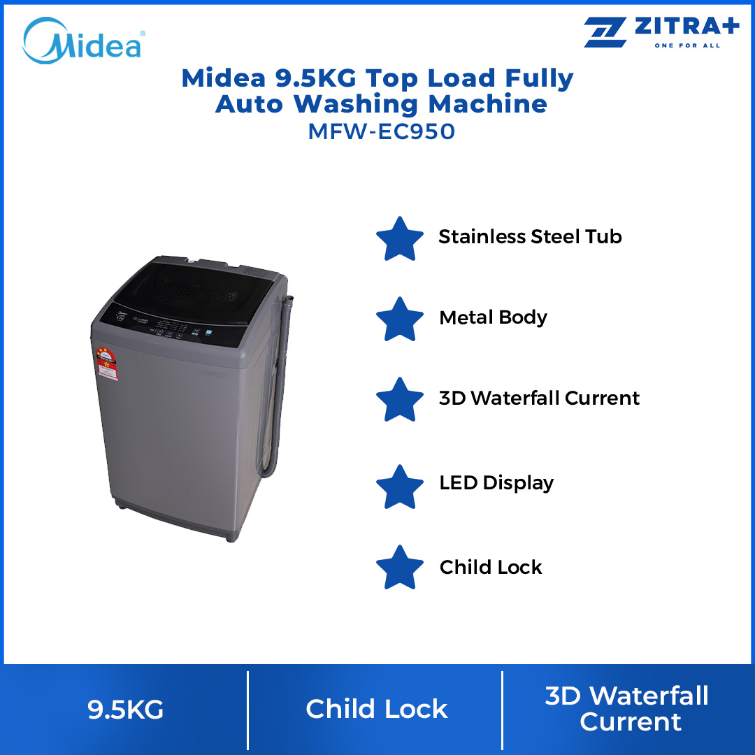 Midea 9.5KG Top Load Fully Auto Washing Machine MFW-EC950 |  3D Waterfall Current | Tube Clean | Air Drying | Washing Machine With 2 Year Warranty