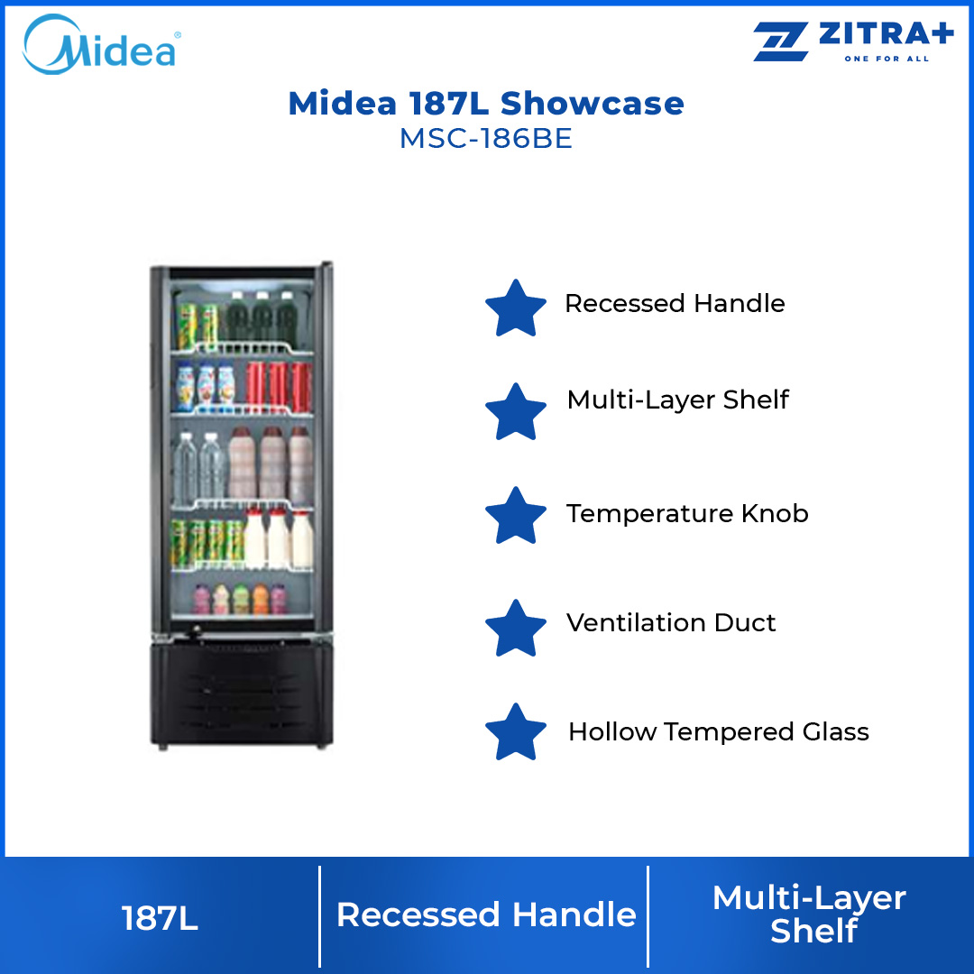 Midea 187L Showcase  MSC-186BE | Hollow Tempered Glass | Recessed Handle | Multi-Layer Shelf | 1 Year Warranty