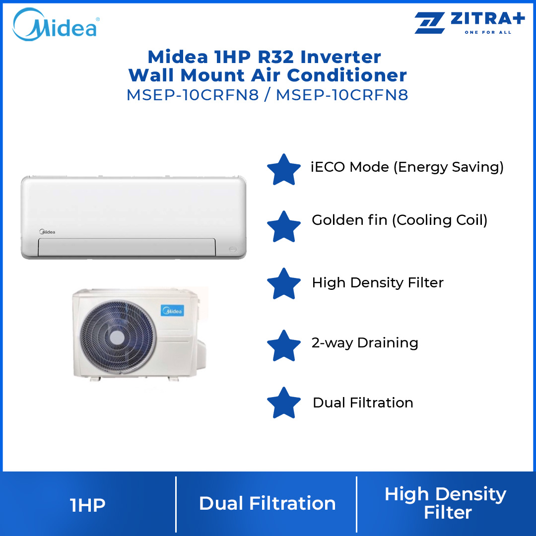 Midea 1HP R32 Inverter Wall Mount Air Conditioner MSEP-10CRFN8 | iECO Mode (Energy Saving) | Golden fin (Cooling Coil) | High Density Filter | Air Conditioner 2 Years Warranty