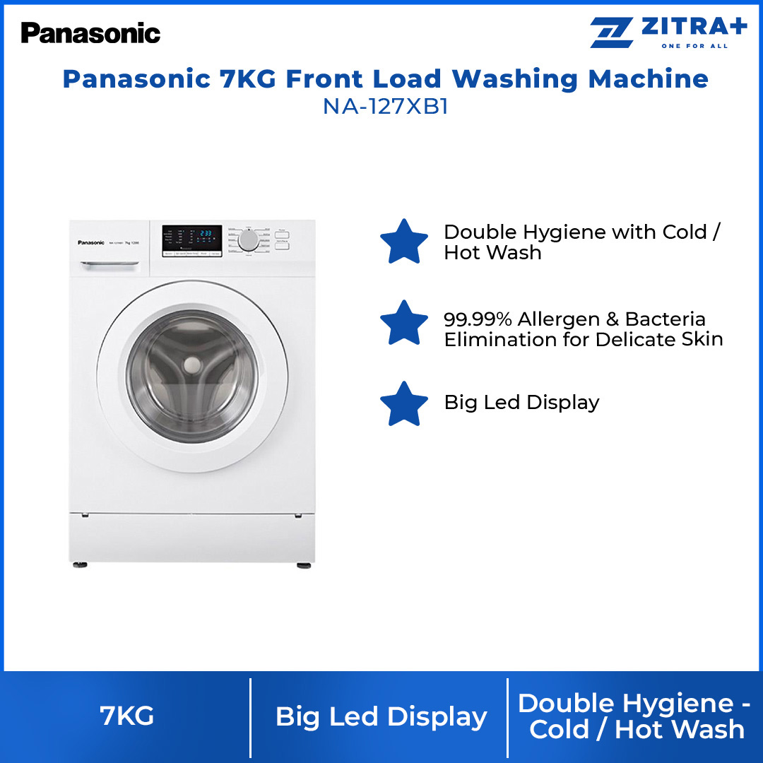 Panasonic 7KG Front Load Washing Machine NA-127XB1 | Big Led Display | Double Hygiene with Cold / Hot Wash | 99.99% Allergen & Bacteria Elimination for Delicate Skin | Washing Machine With 1 Year Warranty