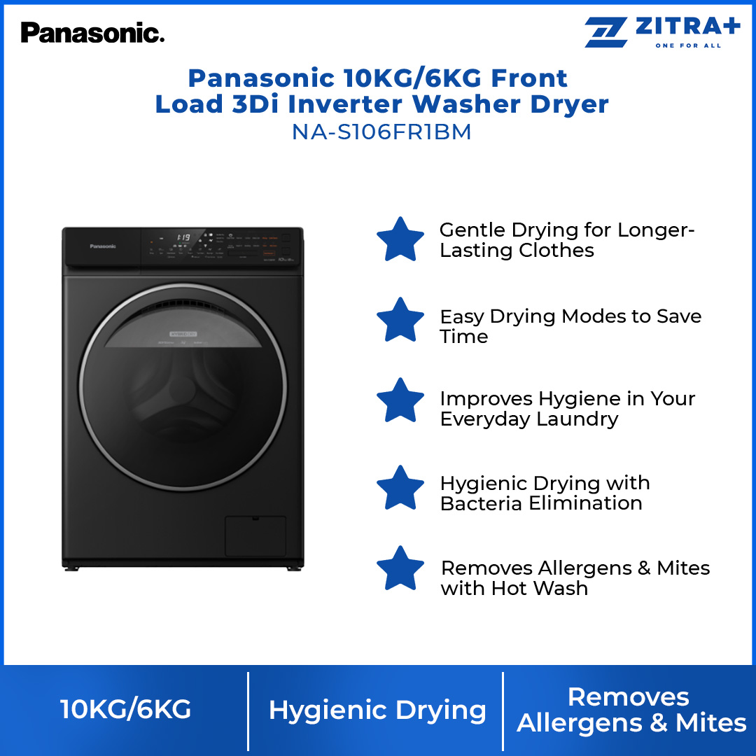 Panasonic 10KG/6KG Front Load 3Di Inverter Washer Dryer NA-S106FR1BM | Easy Drying Modes to Save Time | Gentle Drying for Longer-Lasting Clothes | Hygienic Drying with Bacteria Elimination | Washer Dryer With 1 Year Warranty
