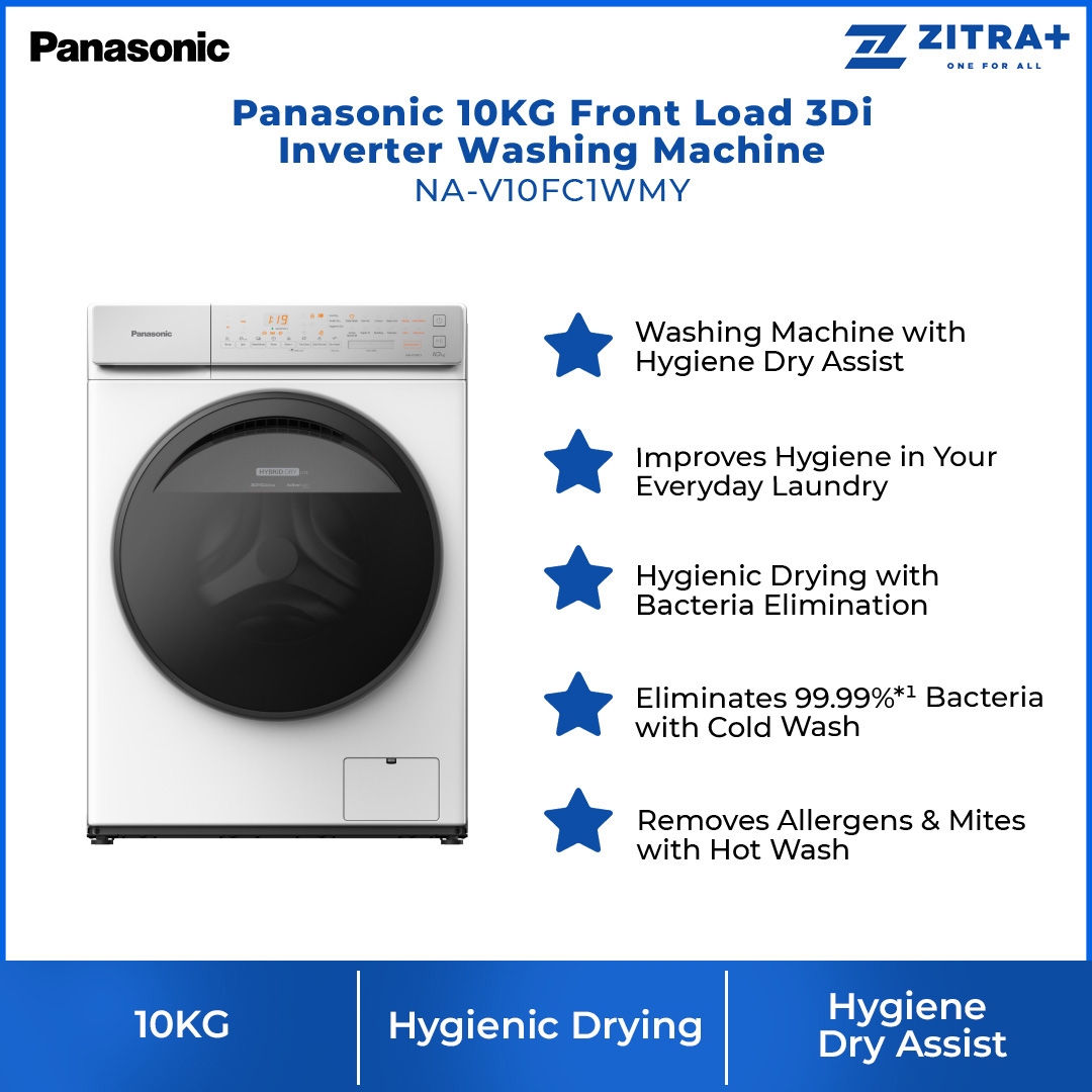 Panasonic 10KG Front Load 3Di Inverter Washing Machine NA-V10FC1WMY  | Improves Hygiene In Your Everyday Laundry | Hygienic Drying With Bacteria Elimination | Eliminates 99.99%*¹ Bacteria With Cold Wash | Washing Machine With 1 Year Warranty