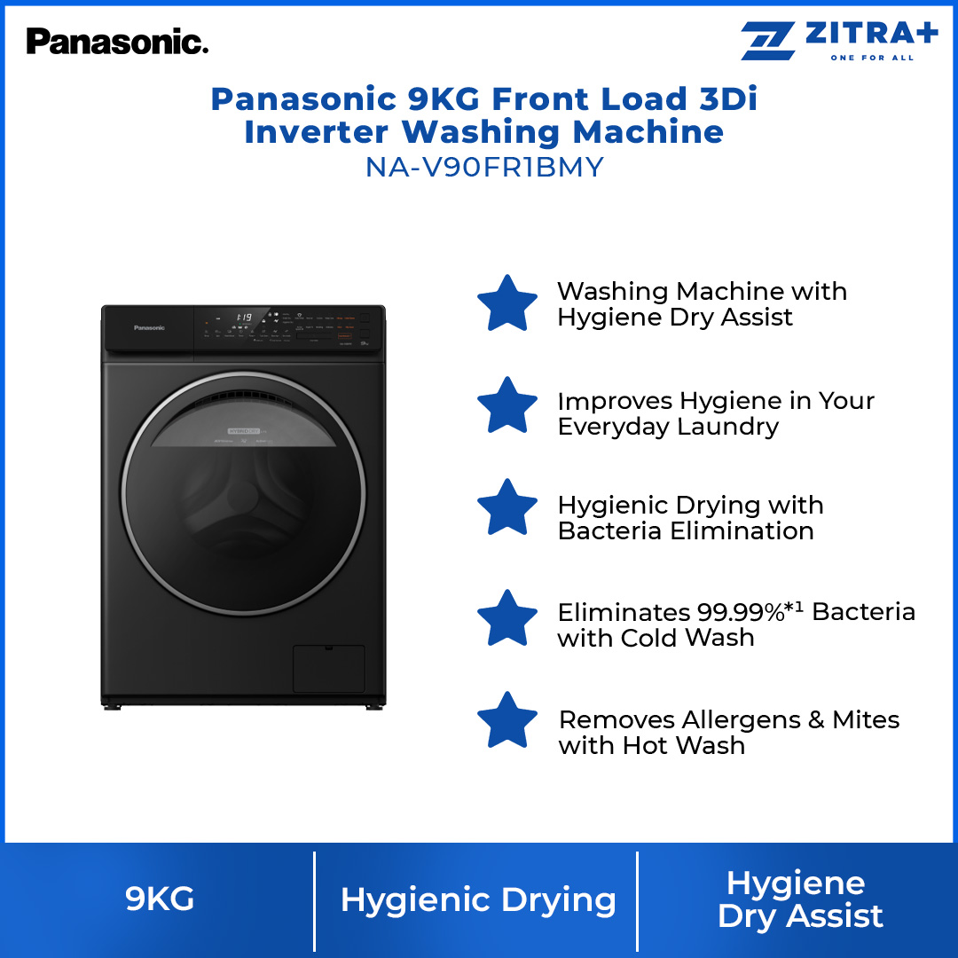 Panasonic 9KG Front Load 3Di Inverter Washing Machine NA-V90FR1BMY | Improves Hygiene in Your Everyday Laundry | Hygienic Drying with Bacteria Elimination | Eliminates 99.99%*¹ Bacteria with Cold Wash | Washing Machine With 1 Year Warranty