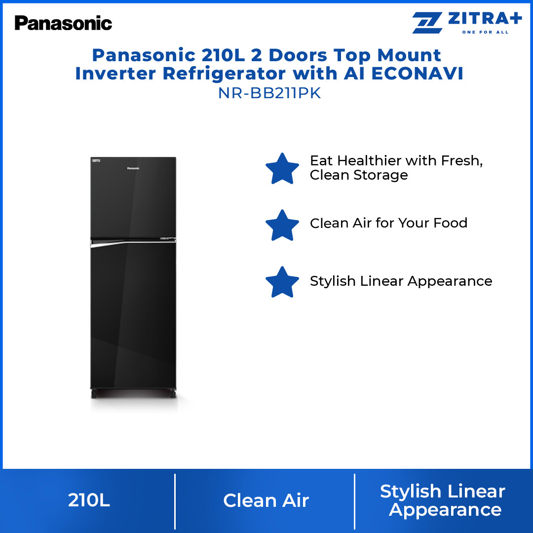 Panasonic 210L 2 Doors Top Mount Inverter Refrigerator with AI ECONAVI NR-BB211PK | Eat Healthier with Fresh,Clean Storage | Clean Air for Your Food | Stylish Linear Appearance | Refrigerator With 1 Year Warranty