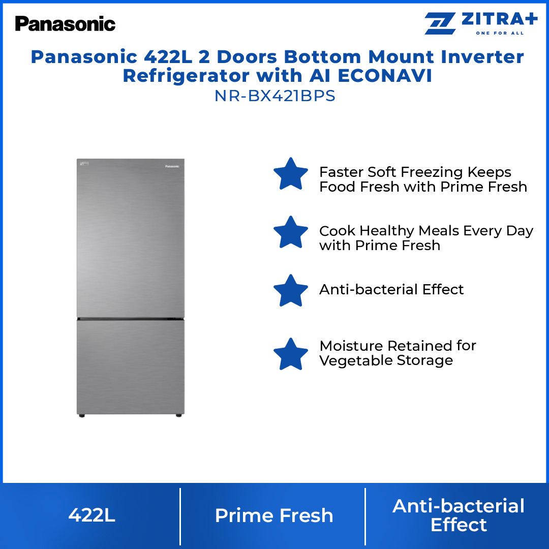 Panasonic 422L 2 Doors Bottom Mount Inverter Refrigerator with AI ECONAVI NR-BX421BPS | Faster Soft Freezing Keeps Food Fresh with Prime Fresh | Cook Healthy Meals Every Day with Prime Fresh | Anti-bacterial Effect | Refrigerator With 1 Year Warranty