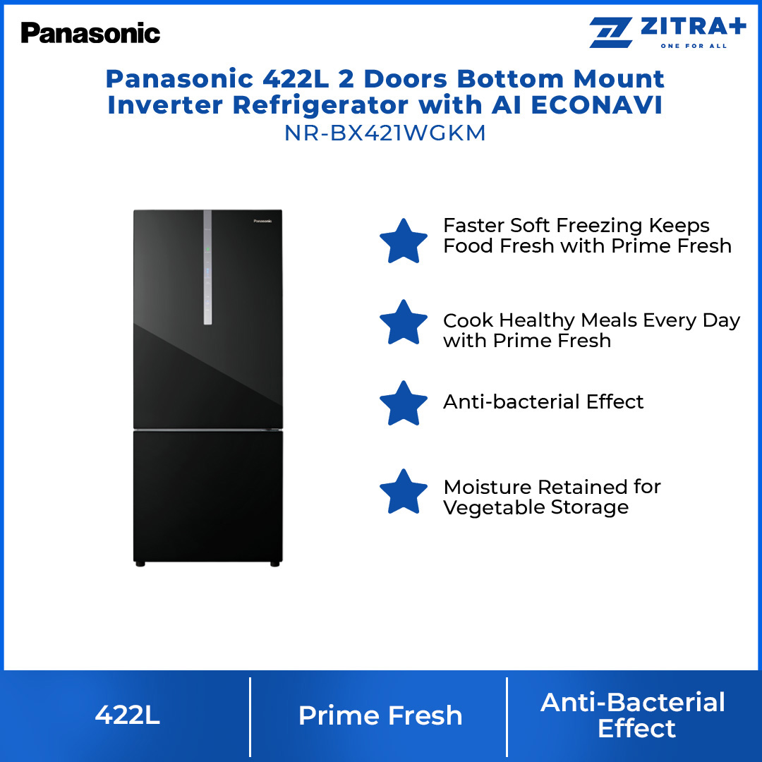 Panasonic 422L 2 Doors Bottom Mount Inverter Refrigerator with AI ECONAVI NR-BX421WGKM | Moisture Retained for Vegetable Storage | Anti-bacterial Effect | Cook Healthy Meals Every Day with Prime Fresh | Refrigerator With 1 Year Warranty