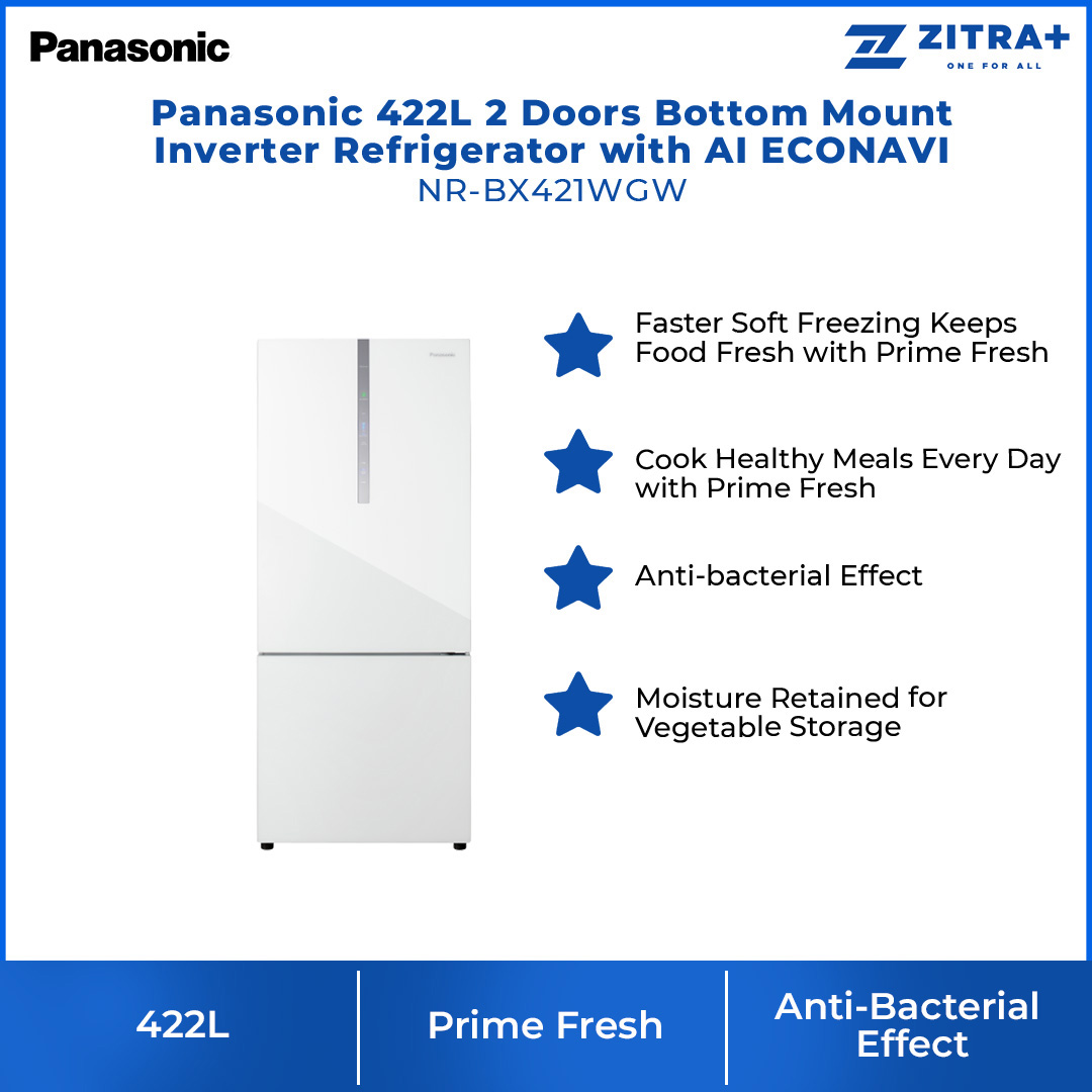 Panasonic 422L 2 Doors Bottom Mount Inverter Refrigerator with AI ECONAVI NR-BX421WGW | Faster Soft Freezing Keeps Food Fresh With Prime Fresh | Anti-Bacterial Effect | Moisture Retained For Vegetable Storage | Refrigerator With 1 Year Warranty