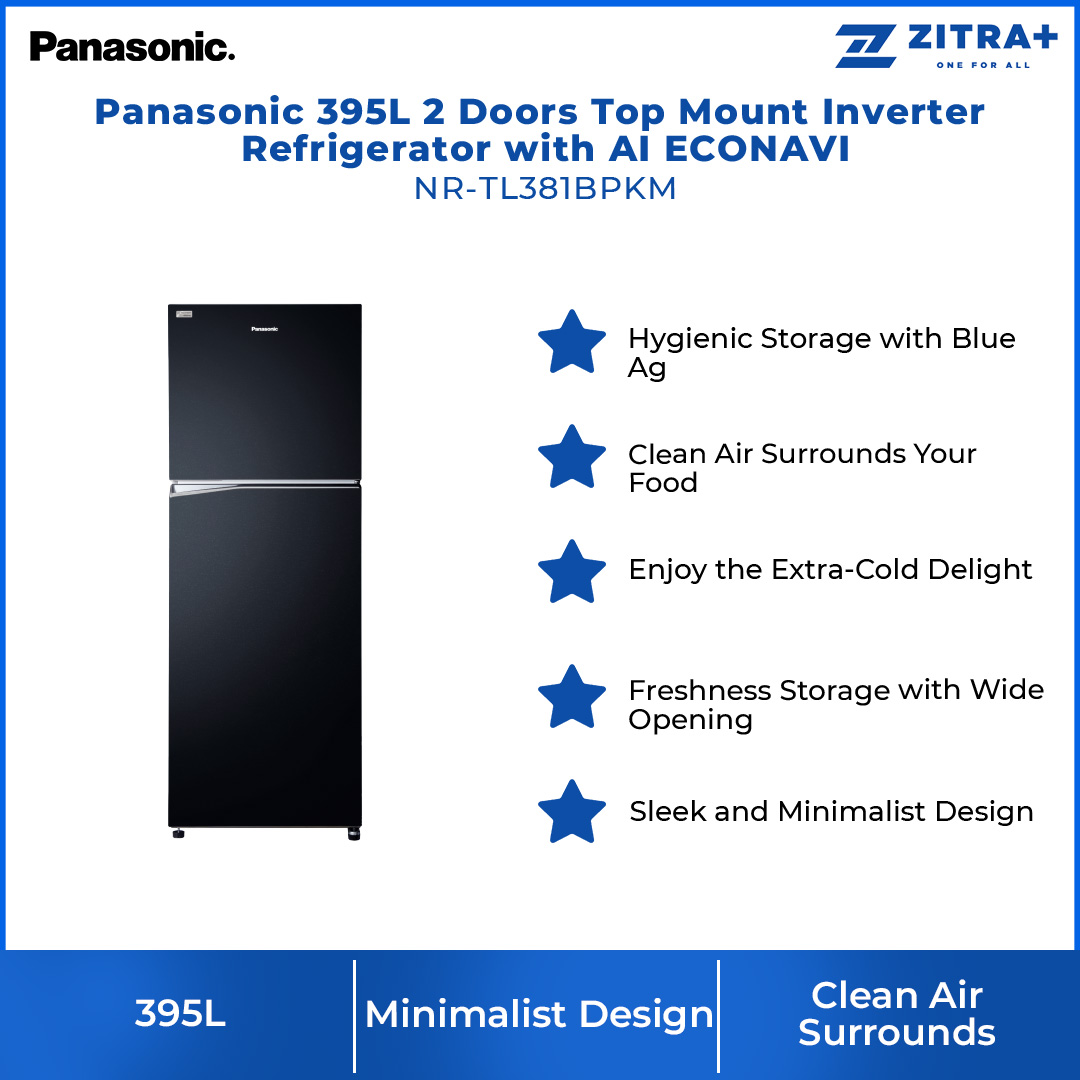 Panasonic 395L 2 Doors Top Mount Inverter Refrigerator with AI ECONAVI NR-TL381BPKM | Hygienic Storage With Blue Ag | Clean Air Surrounds Your Food | Enjoy The Extra-Cold Delight | Freshness Storage With Wide Opening | Refrigerator With 1 Year Warranty