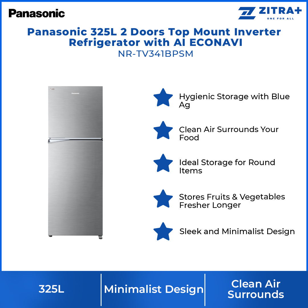 Panasonic 325L 2 Doors Top Mount Inverter Refrigerator with AI ECONAVI  NR-TV341BPSM | Hygienic Storage With Blue Ag | Clean Air Surrounds Your Food | Cost Saving With Optimum Cooling According To Your Lifestyle | Refrigerator With 1 Year Warranty