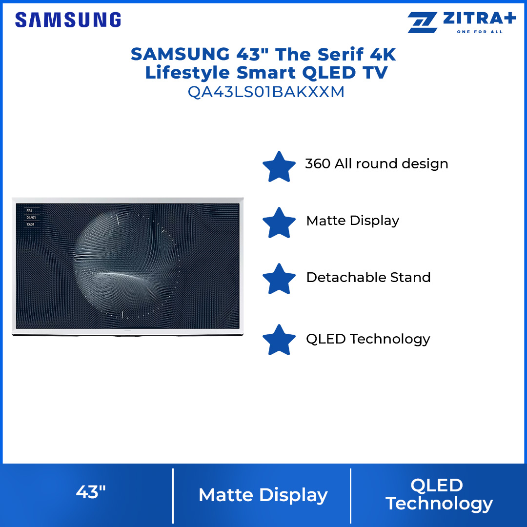 SAMSUNG 43" The Serif 4K Lifestyle Smart QLED TV QA43LS01BAKXXM | 360 All Round Design | Matte Display | Powerful Sound | Detachable Stand | Smart TV with 2 Year Warranty