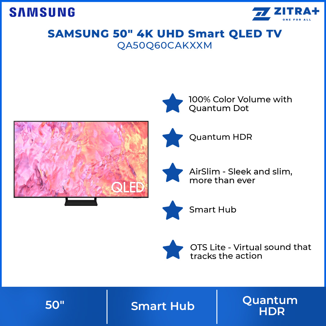SAMSUNG 50" 4K UHD Smart QLED TV QA50Q60CAKXXM | Quantum HDR | AirSlim | Smart Hub | WiFi Direct | Smart TV with 2 Year Warranty