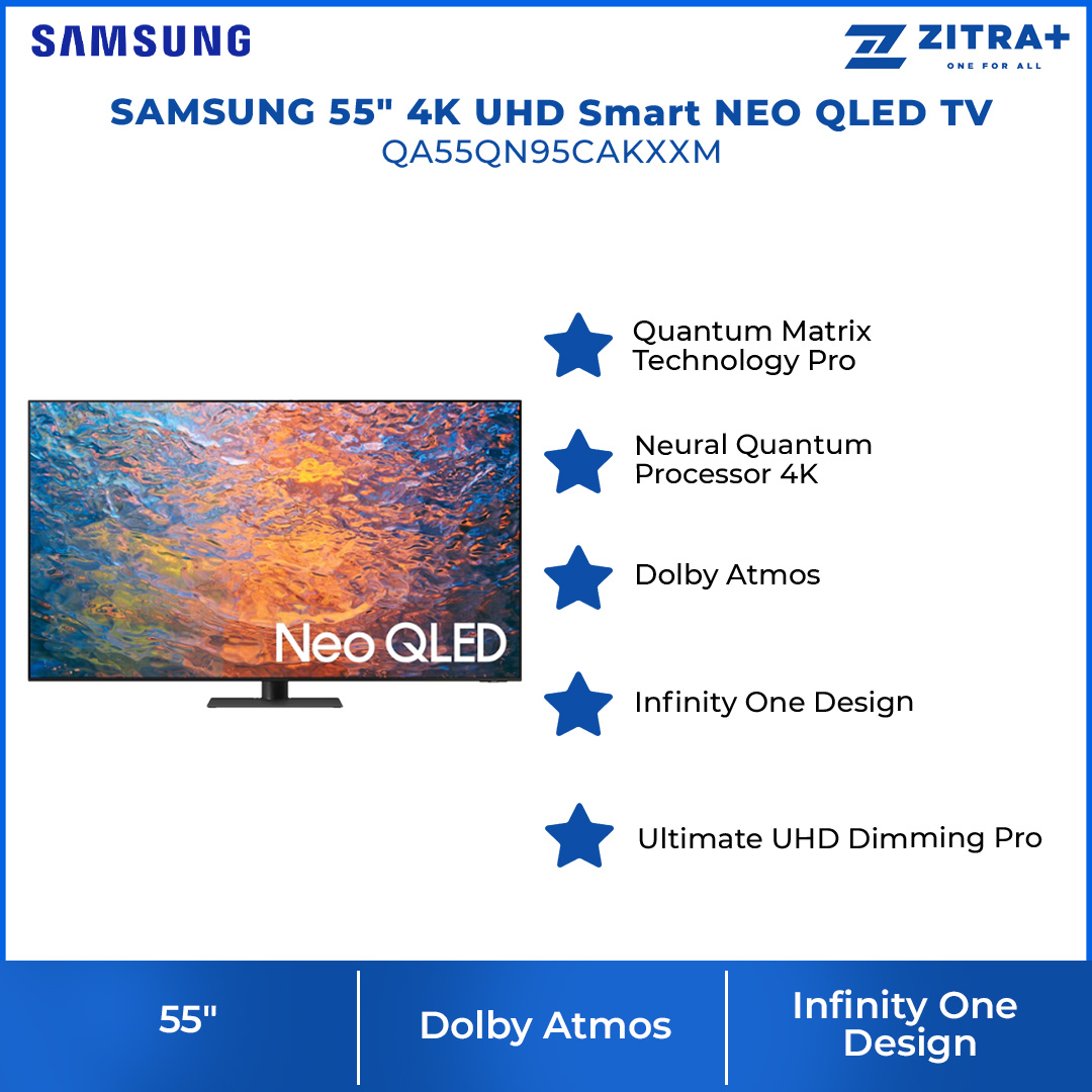 SAMSUNG 55" 4K UHD Smart NEO QLED TV QA55QN95CAKXXM | Quantum Matrix Technology Pro | Neural Quantum Processor 4K | Ultimate UHD Dimming Pro | Infinity One Design | Dolby Atmos | Smart TV with 2 Year Warranty