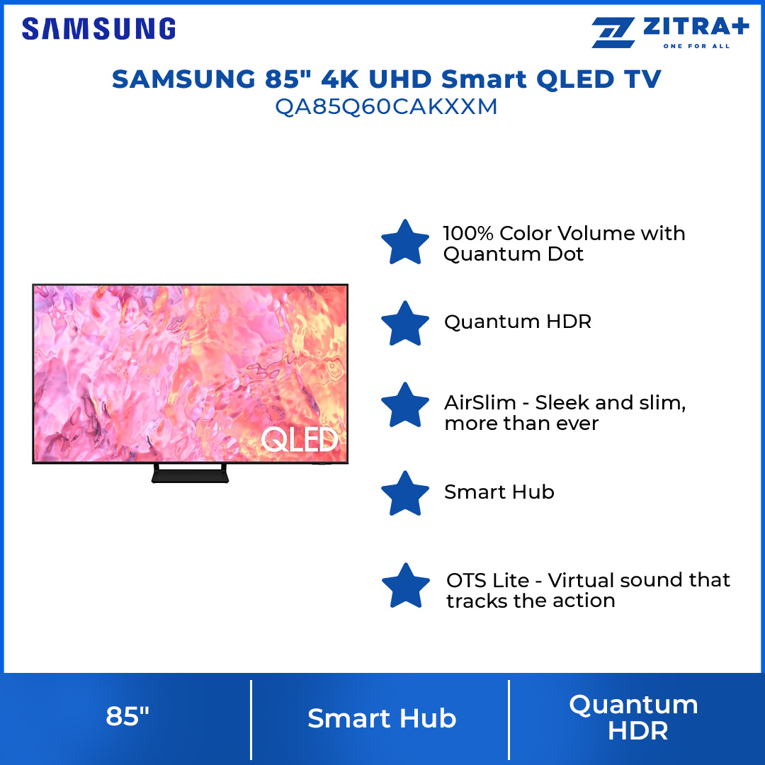 SAMSUNG 85" 4K UHD Smart QLED TV QA85Q60CAKXXM | Quantum HDR | AirSlim | Smart Hub | WiFi Direct | Smart TV with 2 Year Warranty