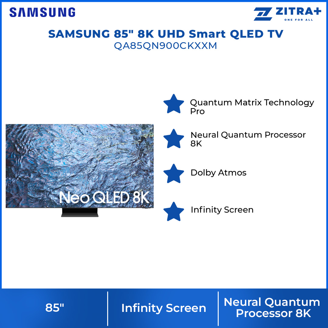 SAMSUNG 85" 8K UHD Smart QLED TV QA85QN900CKXXM | Infinity Screen | Dolby Atmos | Smart Hub | SmartThings | HDR | HDMI |