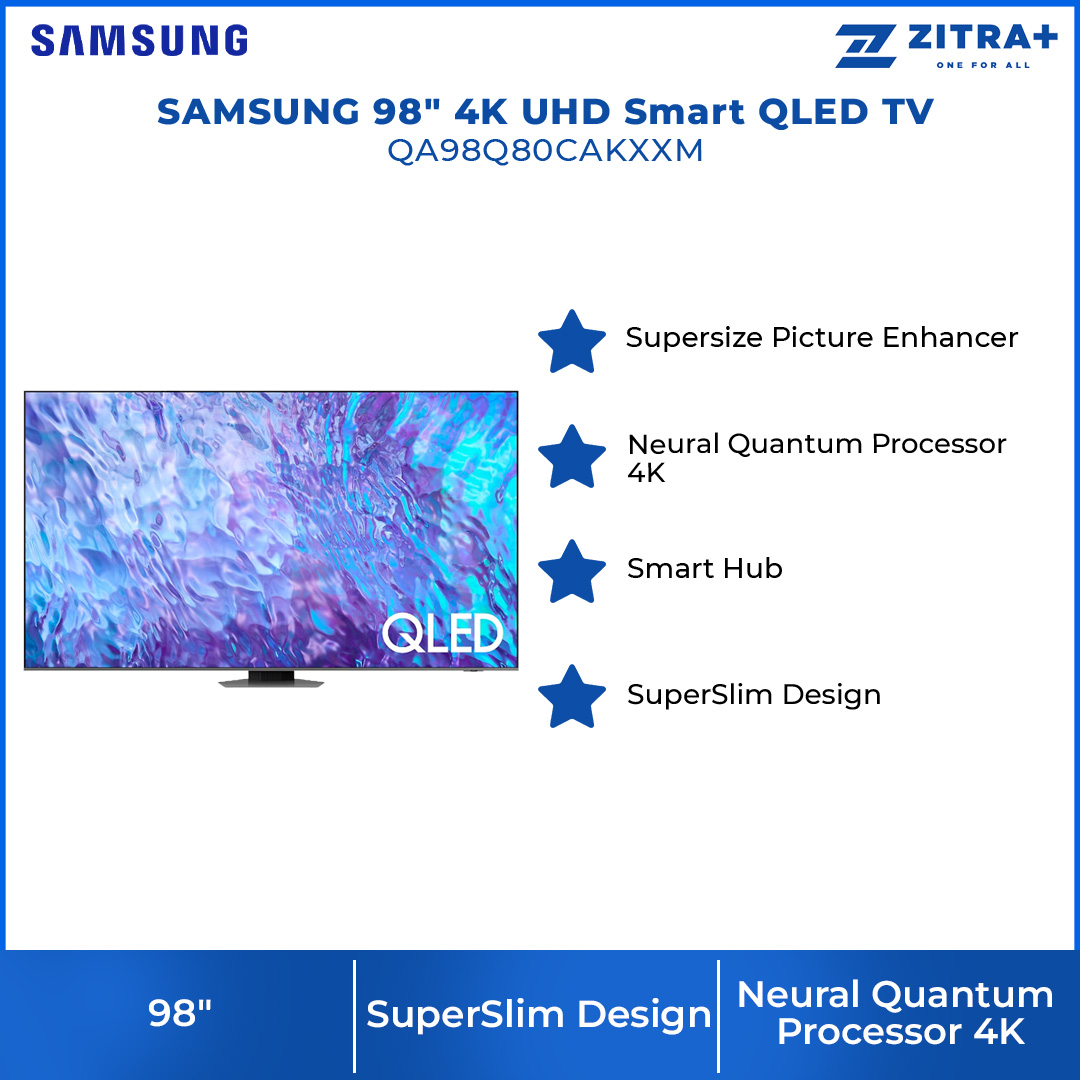 SAMSUNG 98" 4K UHD Smart QLED TV QA98Q80CAKXXM | Tizen™ Smart TV | Dolby Atmos | Smart Hub | SmartThings | HDR | HDMI | Smart TV with 2 Year Warranty