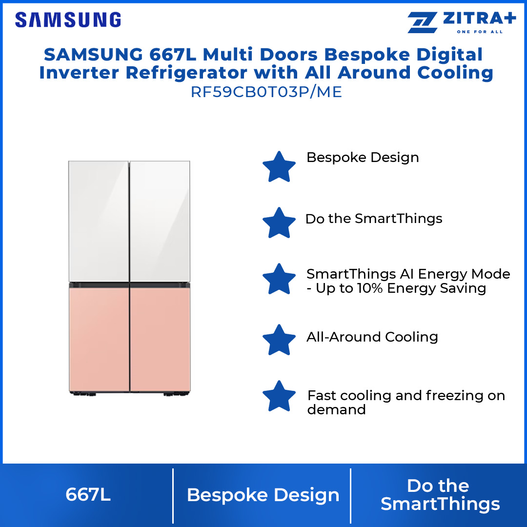 SAMSUNG 667L Multi Doors Bespoke Digital Inverter Refrigerator with All Around Cooling RF59CB0T03P/ME | Power Freeze | Power Cool | All-Around Cooling | Deodorizer | Humidity Control | Refrigerator with 1 Year Warranty