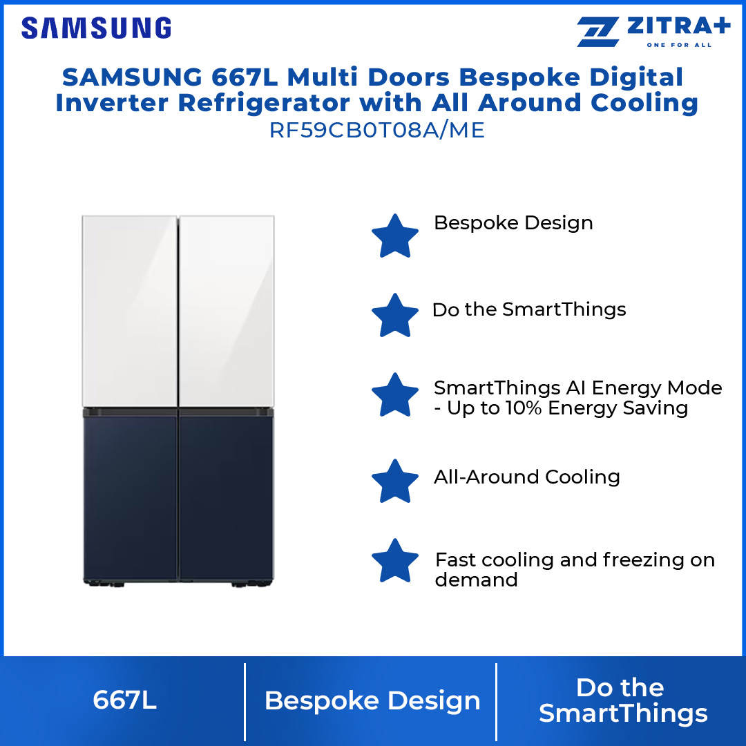 SAMSUNG 667L Multi Doors Bespoke Digital Inverter Refrigerator with All Around Cooling RF59CB0T08A/ME | Power Freeze | Power Cool | All-Around Cooling | Deodorizer | Humidity Control | Refrigerator with 1 Year Warranty