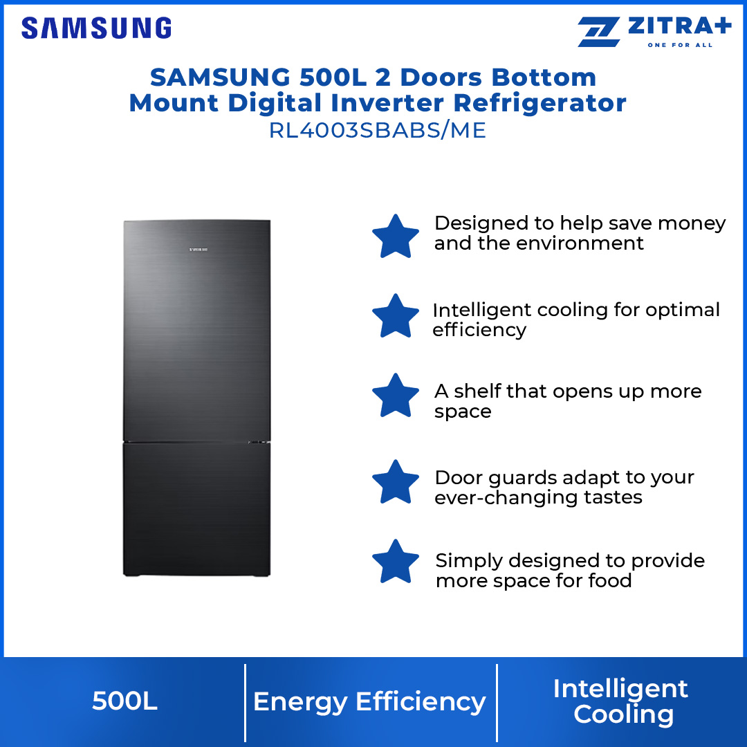 SAMSUNG 500L 2 Doors Bottom Mount Digital Inverter Refrigerator Black (O) RL4003SBABS/ME | All-Around Cooling | Less Energy Consumption | Less Noise | No Frost | Refrigerator with 1 Year Warranty