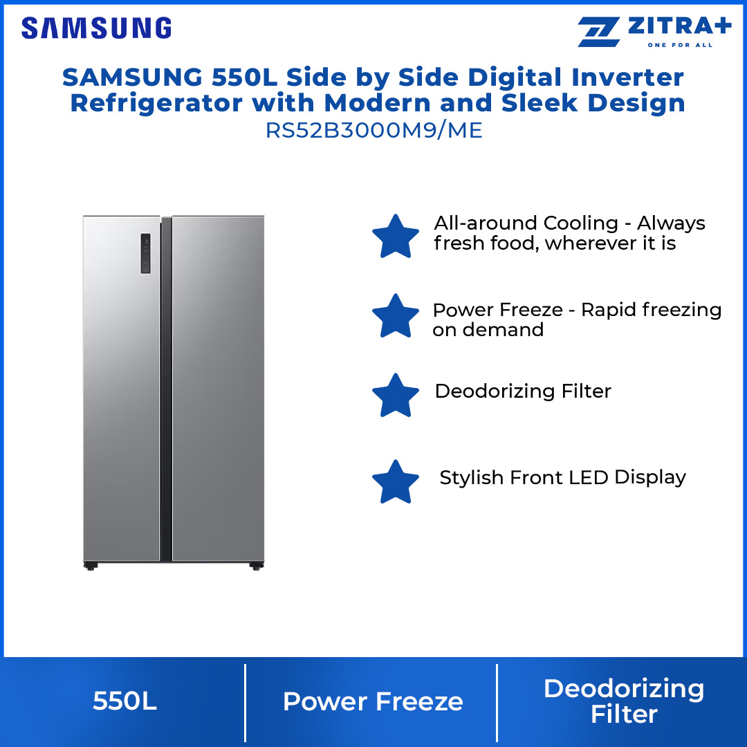 SAMSUNG 550L Side by Side Digital Inverter Refrigerator with Modern and Sleek Design RS52B3000M9/ME | All Around Cooling | Power Freeze | Deodorizing Filter | Refrigerator with 1 Year Warranty