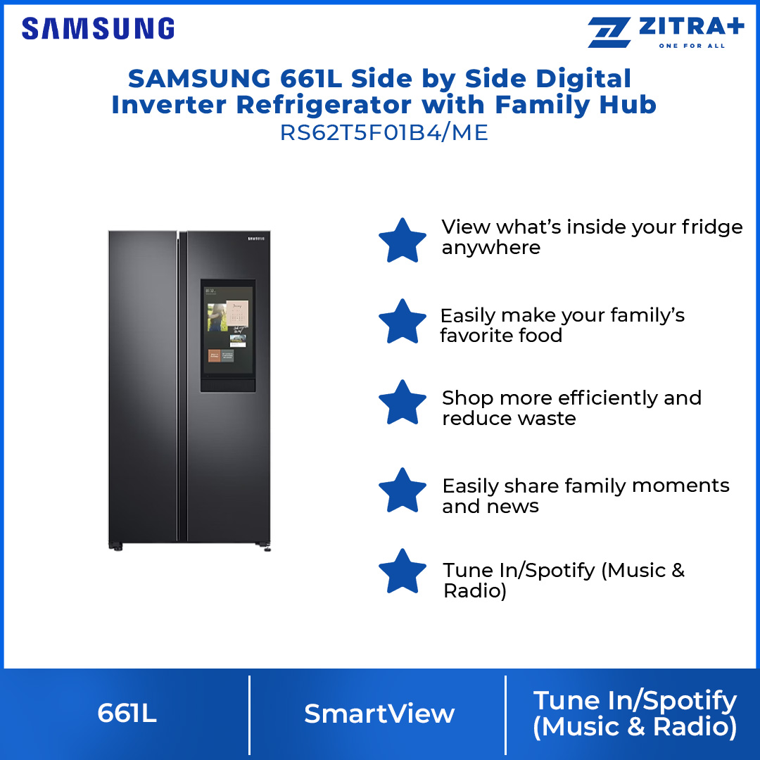 SAMSUNG 661L Side by Side Digital Inverter Refrigerator with Family Hub RS62T5F01B4/ME | View Inside | Smart View | TuneIn/Spotify | Internet | Refrigerator with 1 Year Warranty