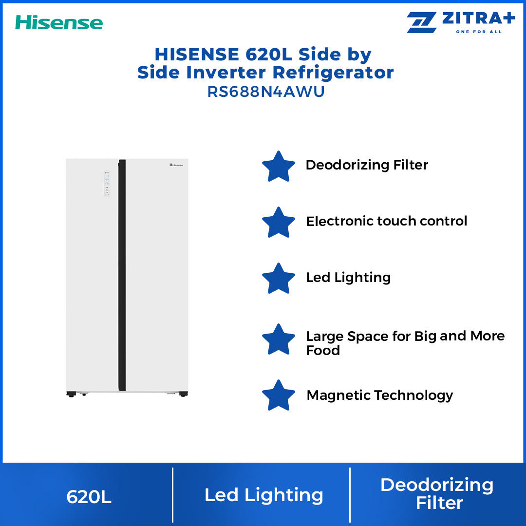 HISENSE 620L Side by Side Inverter Refrigerator RS688N4AWU | Digital Sensor | Double Cooling | Deodorizing Filter | Electronic Touch Control | Multi-Air Flow | Refrigerator with 3 Year Warranty