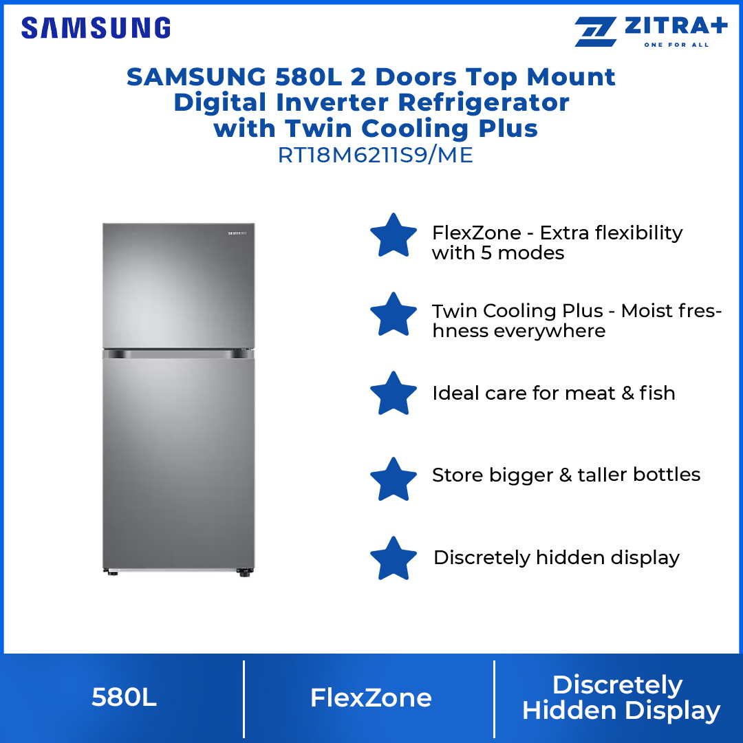 SAMSUNG 580L 2 Doors Top Mount Digital Inverter Refrigerator with Twin Cooling Plus RT18M6211S9/ME | FlexZone™ | Optional IceMaker | Reversible Door | Twin Cooling Plus™ | Refrigerator with 1 Year Warranty