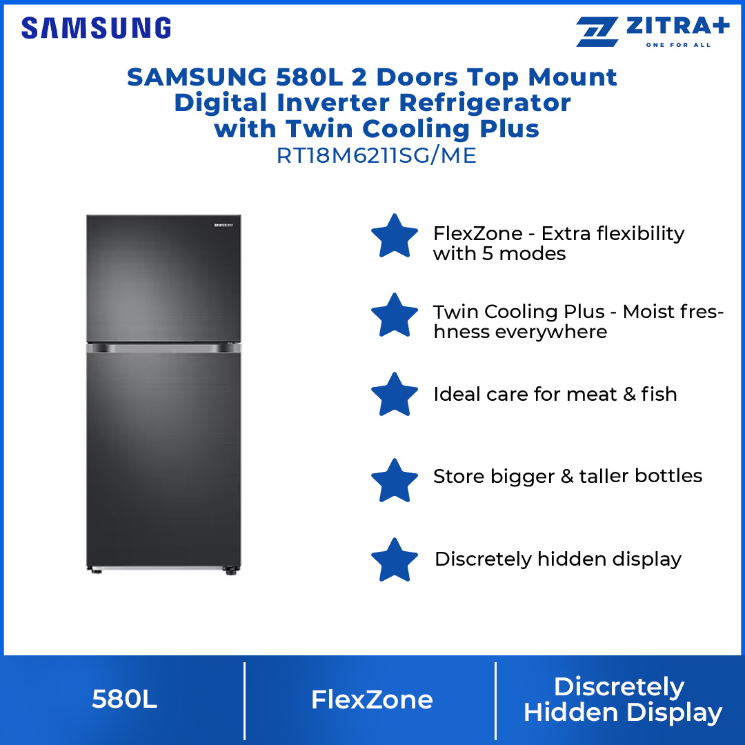 SAMSUNG 580L 2 Doors Top Mount Digital Inverter Refrigerator with Twin Cooling Plus RT18M6211SG/M | FlexZone™ | Optional IceMaker | Reversible Door | Twin Cooling Plus™ | Refrigerator with 1 Year Warranty
