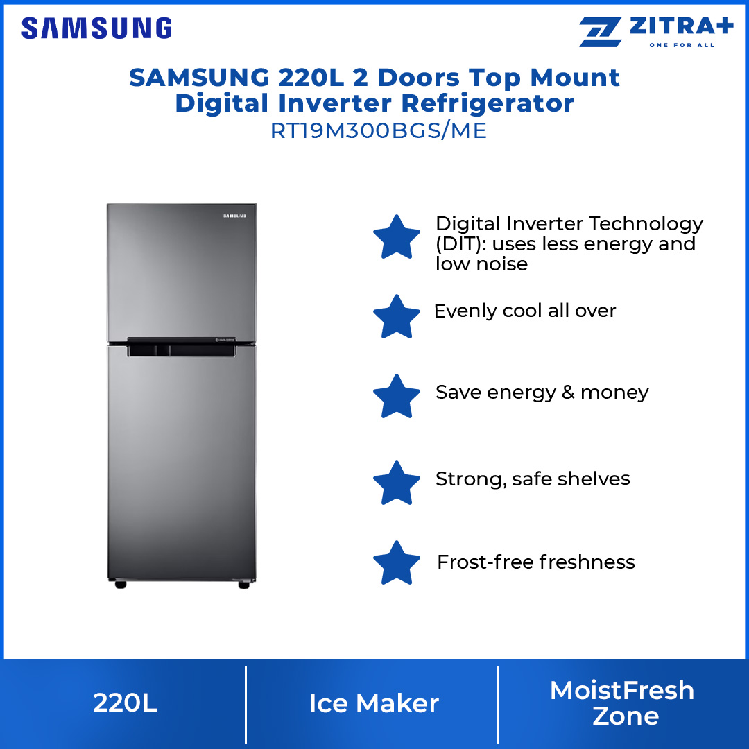 SAMSUNG 220L 2 Doors Top Mount Digital Inverter Refrigerator RT19M300BGS/ME | All-Around Cooling | Less Energy Consumption | Less Noise | No Frost | Refrigerator with 1 Year Warranty
