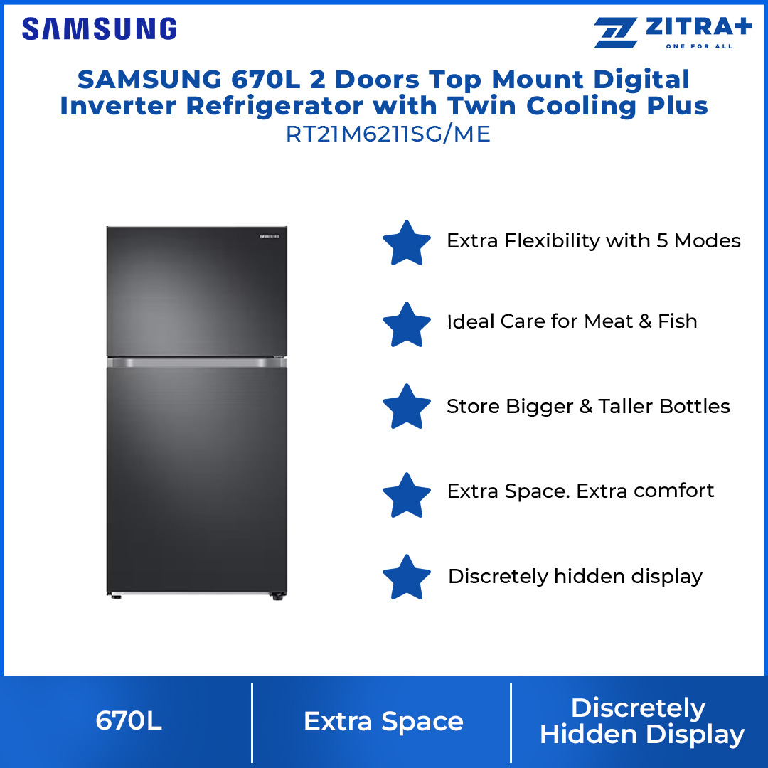 SAMSUNG 670L 2 Doors Top Mount Digital Inverter Refrigerator with Twin Cooling Plus RT21M6211SG/ME | FlexZone™ | Power Cool Function | Reversible Door | Twin Cooling Plus™ | Refrigerator with 1 Year Warranty