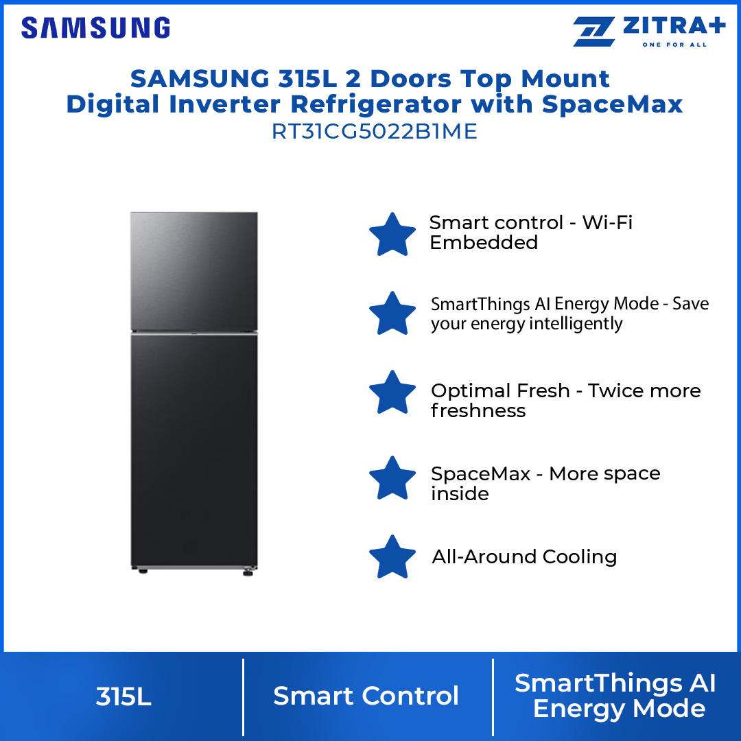 SAMSUNG 315L 2 Doors Top Mount Digital Inverter Refrigerator with SpaceMax™ RT31CG5022B1ME | All-Around Cooling | Multi Flow | No Frost | Mono Cooling | Refrigerator with 1 Year Warranty