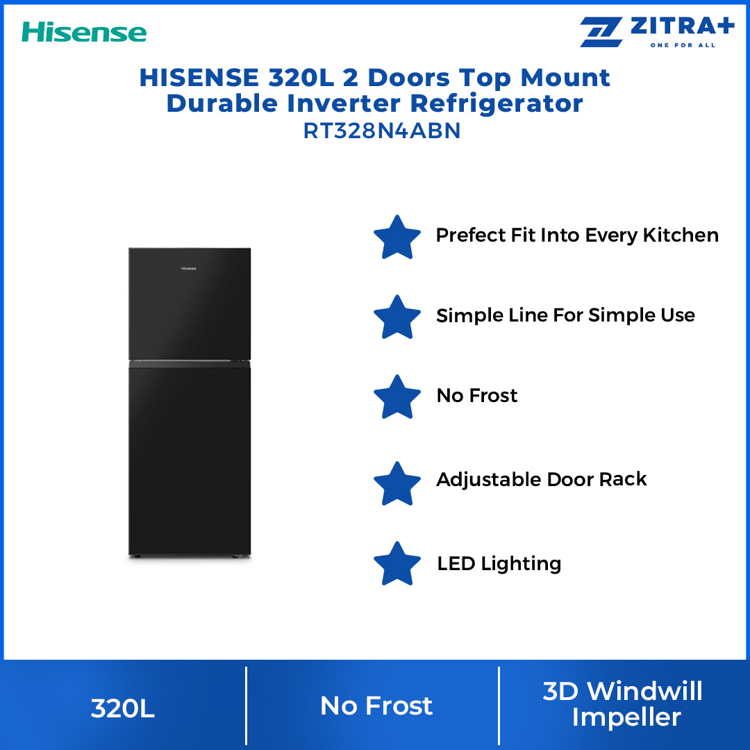HISENSE 320L 2 Doors Top Mount Durable Inverter Refrigerator RT328N4ABN | Multi Air Flow | Deodorizing Filter | Durable Inverter | LED Lighting | Fresh Zone | Refrigerator with 3 Year Warranty