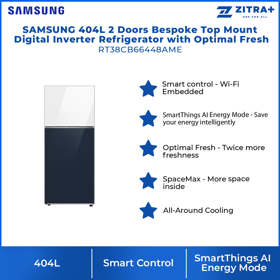 SAMSUNG 404L 2 Doors Bespoke Top Mount Digital Inverter Refrigerator with Optimal Fresh RT38CB66448AME | SpaceMax™ | All-Around Cooling | Multi Flow | Optimal Fresh Zone | Refrigerator with 1 Year Warranty