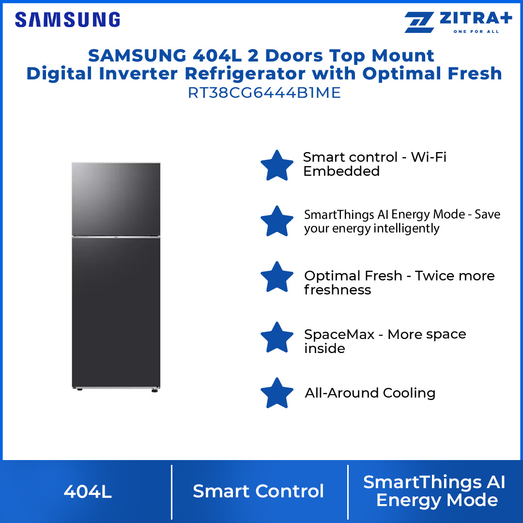 SAMSUNG 404L 2 Doors Top Mount Digital Inverter Refrigerator with Optimal Fresh RT38CG6444B1ME | SpaceMax™ | All-Around Cooling | Multi Flow | No Frost | Mono Cooling | Refrigerator with 1 Year Warranty