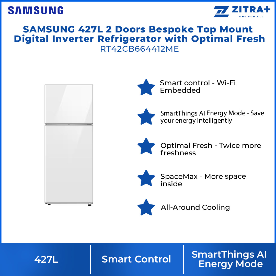SAMSUNG 427L 2 Doors Bespoke Top Mount Digital Inverter Refrigerator with Optimal Fresh RT42CB664412ME | SpaceMax™ | All-Around Cooling | Multi Flow | Optimal Fresh Zone | Refrigerator with 1 Year Warranty