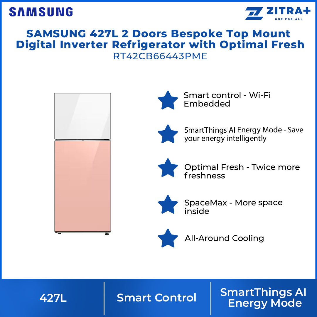 SAMSUNG 427L 2 Doors Bespoke Top Mount Digital Inverter Refrigerator with Optimal Fresh RT42CB66443PME | SpaceMax™ | All-Around Cooling | Multi Flow | Optimal Fresh Zone | Refrigerator with 1 Year Warranty