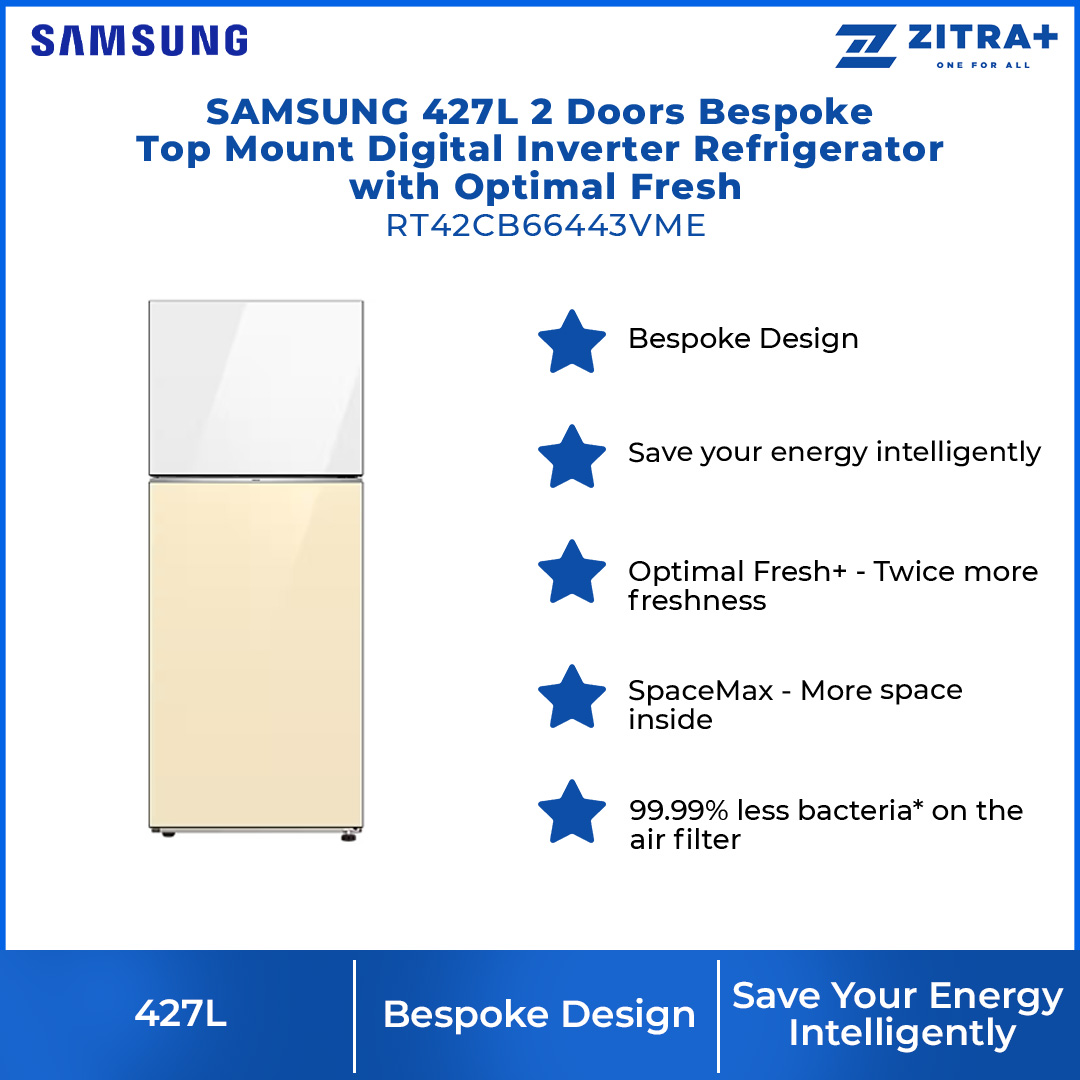 SAMSUNG 427L 2 Doors Bespoke Top Mount Digital Inverter Refrigerator with Optimal Fresh RT42CB66443VME | SpaceMax™ | All-Around Cooling | Multi Flow | Optimal Fresh Zone | Refrigerator with 1 Year Warranty
