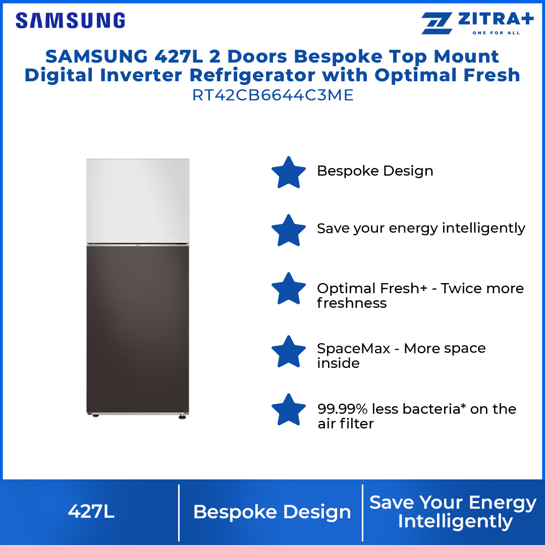 SAMSUNG 427L 2 Doors Bespoke Top Mount Digital Inverter Refrigerator with Optimal Fresh  RT42CB6644C3ME | SpaceMax™ | All-Around Cooling | Multi Flow | Optimal Fresh Zone | Refrigerator with 1 Year Warranty