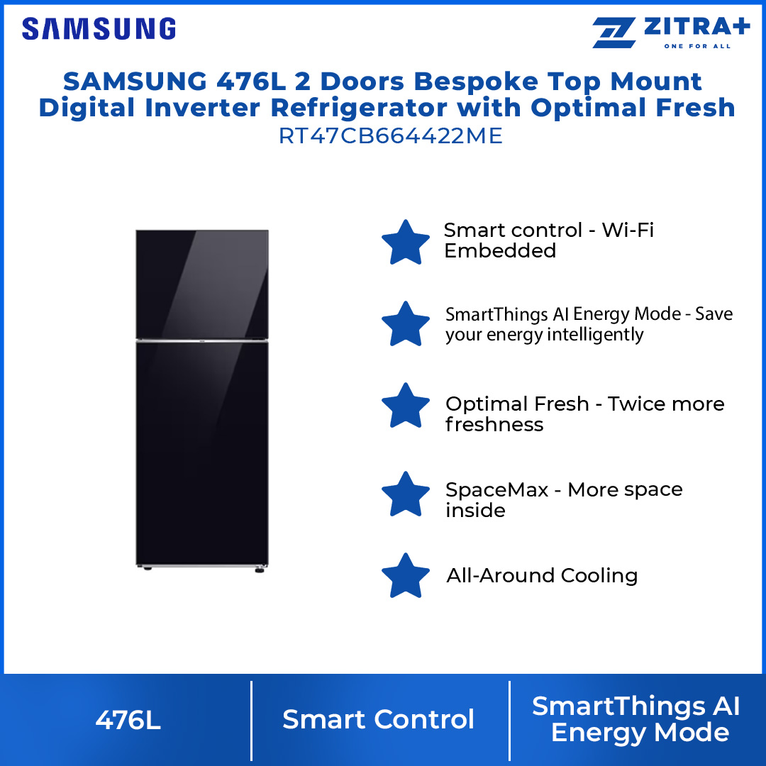 SAMSUNG 476L 2 Doors Bespoke Top Mount Digital Inverter Refrigerator with Optimal Fresh RT47CB664422ME | SpaceMax™ | All-Around Cooling | Multi Flow | Optimal Fresh Zone | Refrigerator with 1 Year Warranty