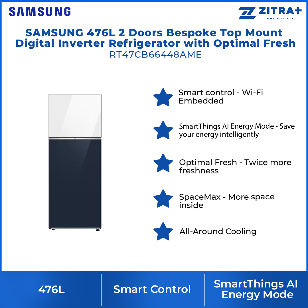 SAMSUNG 476L 2 Doors Bespoke Top Mount Digital Inverter Refrigerator with Optimal Fresh RT47CB66448AME | SpaceMax™ | All-Around Cooling | Multi Flow | Optimal Fresh Zone | Refrigerator with 1 Year Warranty