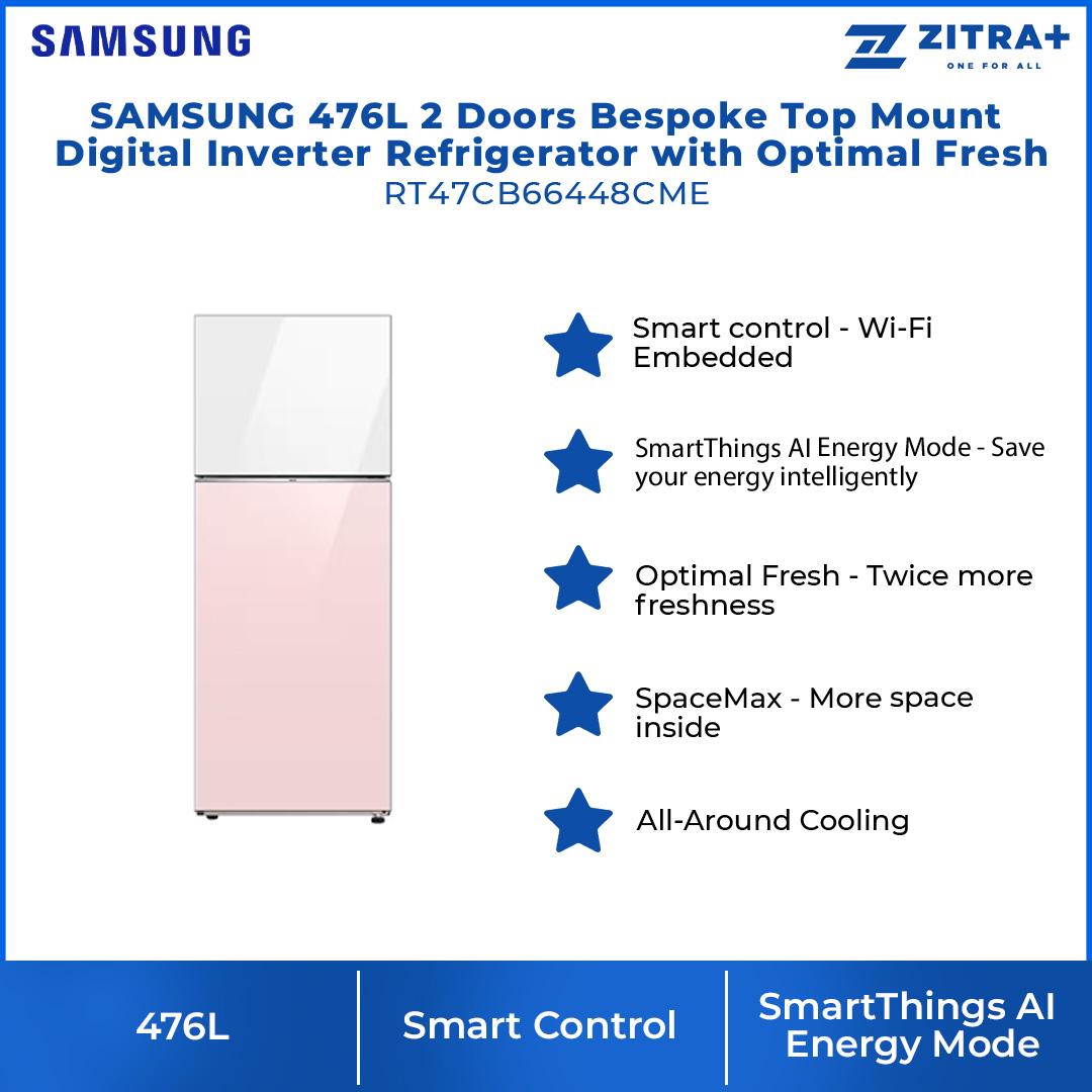 SAMSUNG 476L 2 Doors Bespoke Top Mount Digital Inverter Refrigerator with Optimal Fresh RT47CB66448CME | SpaceMax™ | All-Around Cooling | Multi Flow | Optimal Fresh Zone | Refrigerator with 1 Year Warranty